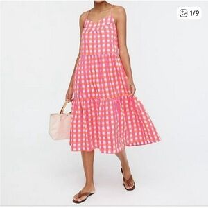 J. Crew & SZ Blockprints Tiered Pink Gingham Check Maxi Dress